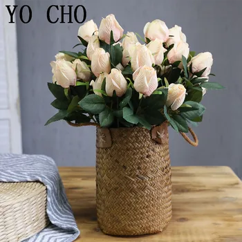 YO CHO 9 Cabeça Artificial Rose Bouquet de Flores Pintura a Óleo Estilo de Seda Rosa do Buquê de Casamento de DIY, Decoração para Casa de Festa de Casamento