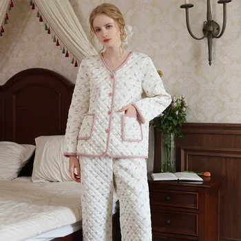 Quente Mulheres de Damasco Floral Impressão Pijama 3-camada de Conjuntos de Pijamas de Algodão de Manga Longa de Grossos Pijamas
