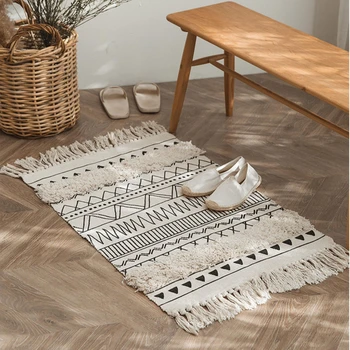 Nordic Marroquino franja tufados tapete tapete na porta de casa ins geométricas em preto e branco para a sala de estar, quarto, tapete de orações muçulmanas de cabeceira tapete