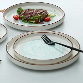 Em estilo europeu, pintados à mão underglaze cerâmica ocidental utensílios domésticos pratos rodada prato de arroz bife prato de salada de placa plana