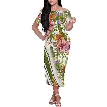 2023 Verão Fora De Ombro Sexy Sem Encosto Maxi Vestido De Festa Noite De Ladie Samoan Roupas Elegantes Ilha Desgaste Das Mulheres Flor De Impressão Vestido