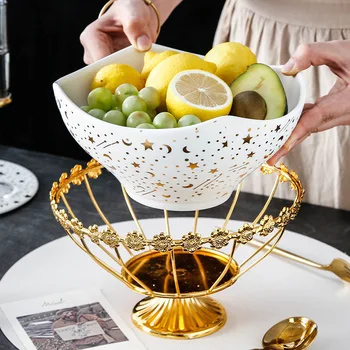 Nordic Cerâmica de Cone Invertido Dinnerware Hotel Familiar Talheres de Salada de Frutas Sopa de Macarrão Tigela com Oco de Ouro de Ferro de Cremalheira