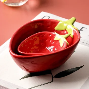 Cartoon tigela de salada, pequeno-almoço encantador bowl, lar criativo de morango bacia, bacia cerâmica, coração da menina, líquido vermelho de mesa ins