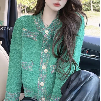 2022 no Inverno para Mulheres coreano Estilo Retro Macio Quente Suéter de Cashmere Cardigan de manga comprida Verde Casaco de Malha, Tops