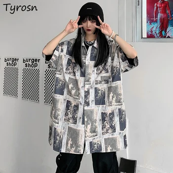 Camisas de Manga curta Mulher de Impressão Vintage Bf Japão Estilo Harajuku Streetwear Alta Moda de Rua, Hip-hop Hipsters Quente Roupas