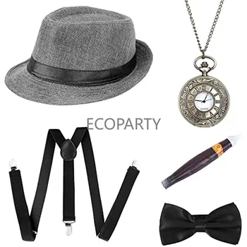 1920 Homens Acessórios - Gatsby Traje Conjunto de Acessórios, Chapéu Panamá Elástica Y-Volta Suspender do Laço do Vintage Relógio de Bolso